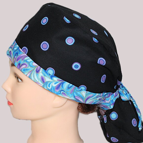 New Womens Polka Dot Ponytail Scrub Cap, Purple Blue Dots on Black - Picture 3 of 7